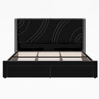 Velvet Upholstered Platform Bed with Smart Ambient Strip Lights Wingback Headboard, and Endbed Pull-out Storage Drawers