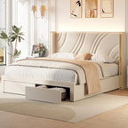 Velvet Upholstered Platform Bed with Smart Ambient Strip Lights Wingback Headboard, and Endbed Pull-out Storage Drawers