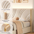 Velvet Upholstered Platform Bed with Smart Ambient Strip Lights Wingback Headboard, and Endbed Pull-out Storage Drawers