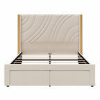 Velvet Upholstered Platform Bed with Smart Ambient Strip Lights Wingback Headboard, and Endbed Pull-out Storage Drawers