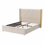 Velvet Upholstered Platform Bed with Smart Ambient Strip Lights Wingback Headboard, and Endbed Pull-out Storage Drawers