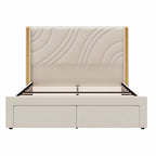 Velvet Upholstered Platform Bed with Smart Ambient Strip Lights Wingback Headboard, and Endbed Pull-out Storage Drawers