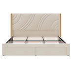 Velvet Upholstered Platform Bed with Smart Ambient Strip Lights Wingback Headboard, and Endbed Pull-out Storage Drawers