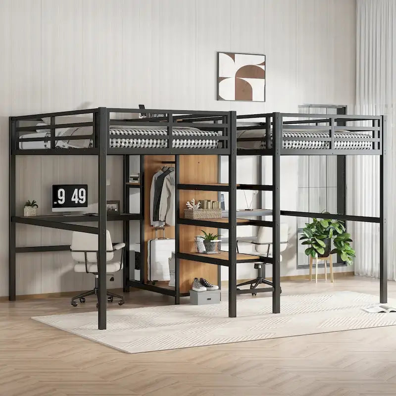 Twin Over Twin Metal Loft Bed with Double Desk and Wardrobe and Shelves with Electrical Outlet for Space Saving