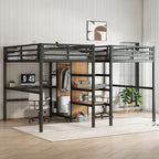 Twin Over Twin Metal Loft Bed with Double Desk and Wardrobe and Shelves with Electrical Outlet for Space Saving