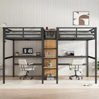 Twin Over Twin Metal Loft Bed with Double Desk and Wardrobe and Shelves with Electrical Outlet for Space Saving