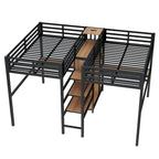 Twin Over Twin Metal Loft Bed with Double Desk and Wardrobe and Shelves with Electrical Outlet for Space Saving