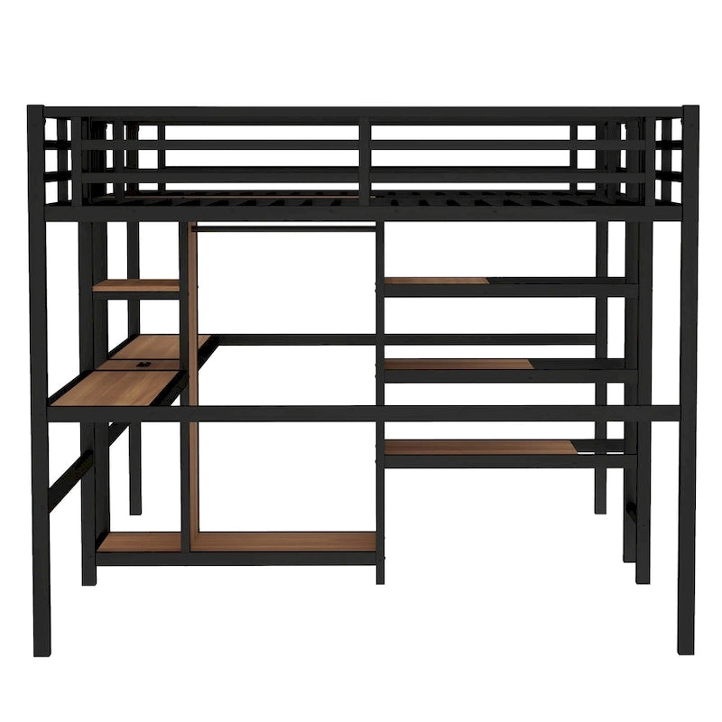 Twin Over Twin Metal Loft Bed with Double Desk and Wardrobe and Shelves with Electrical Outlet for Space Saving