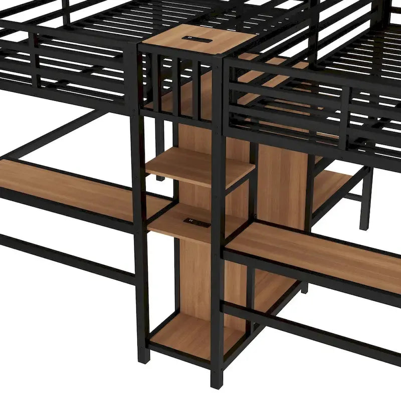 Twin Over Twin Metal Loft Bed with Double Desk and Wardrobe and Shelves with Electrical Outlet for Space Saving