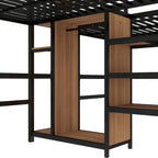 Twin Over Twin Metal Loft Bed with Double Desk and Wardrobe and Shelves with Electrical Outlet for Space Saving