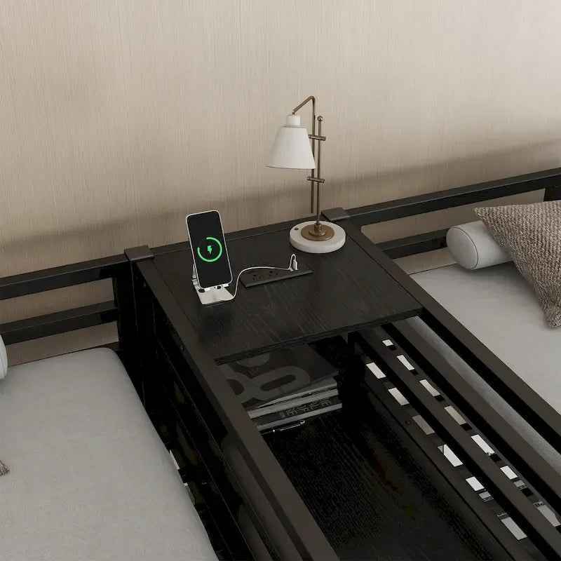 Twin Over Twin Metal Loft Bed with Double Desk and Wardrobe and Shelves with Electrical Outlet for Space Saving