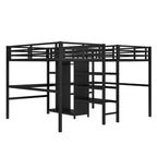 Twin Over Twin Metal Loft Bed with Double Desk and Wardrobe and Shelves with Electrical Outlet for Space Saving