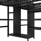 Twin Over Twin Metal Loft Bed with Double Desk and Wardrobe and Shelves with Electrical Outlet for Space Saving