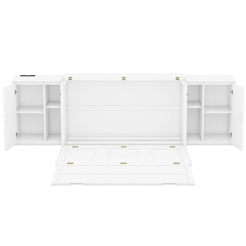 White Queen Size Murphy Bed with Shelves, Cabinets, USB Ports