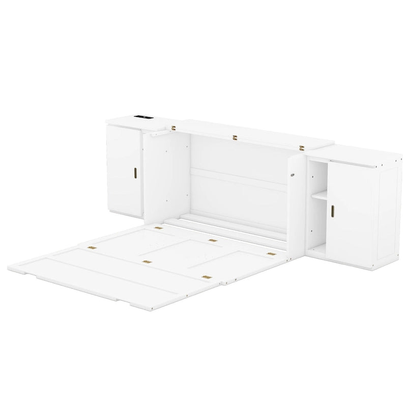 White Queen Size Murphy Bed with Shelves, Cabinets, USB Ports