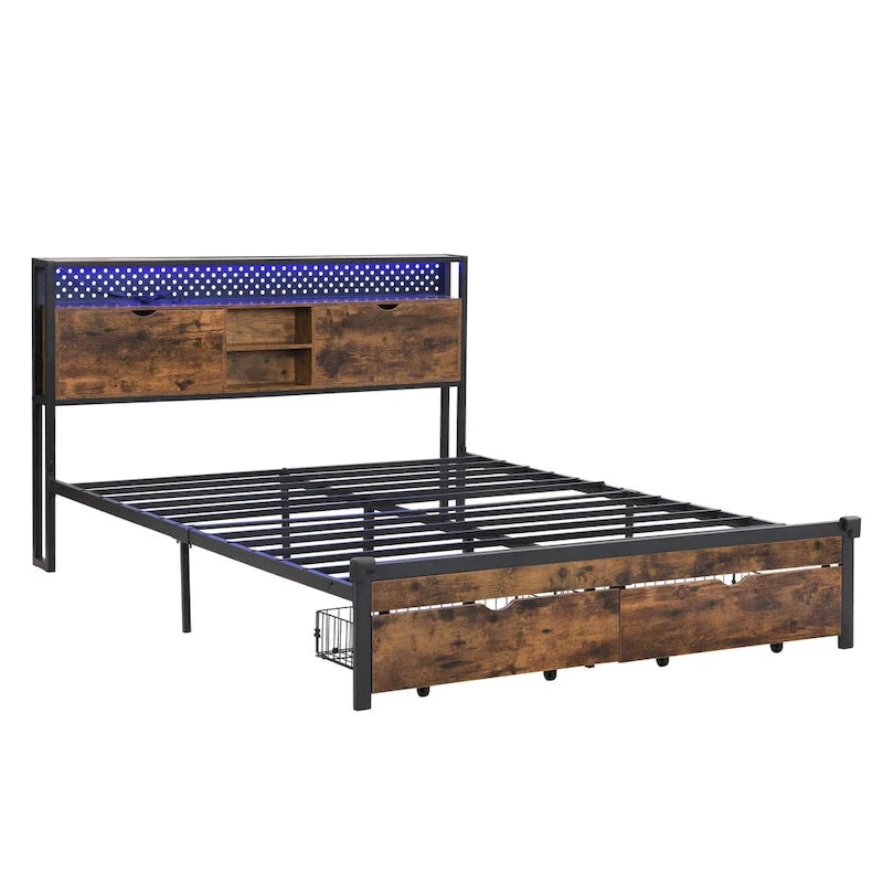 Black Brown King Size Metal Platform Bed with Wooden Headboard, Drawers, and LEDs