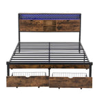 Black Brown King Size Metal Platform Bed with Wooden Headboard, Drawers, and LEDs
