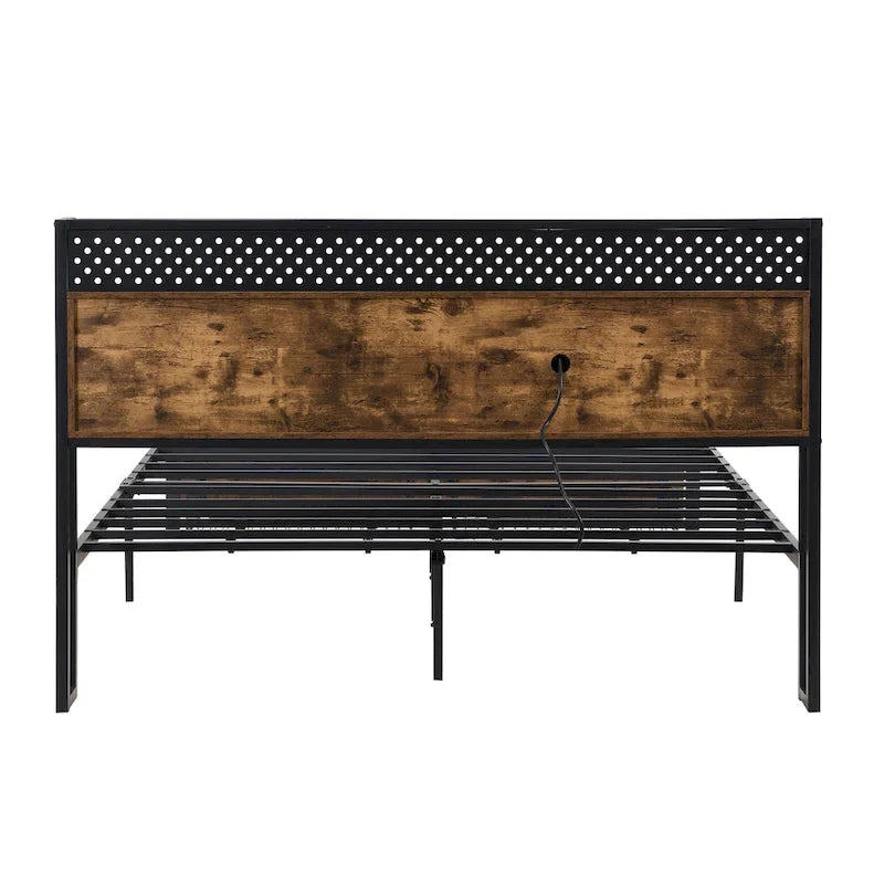 Black Brown King Size Metal Platform Bed with Wooden Headboard, Drawers, and LEDs