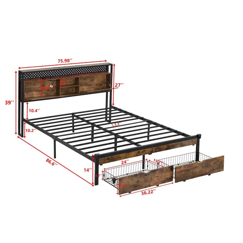 Black Brown King Size Metal Platform Bed with Wooden Headboard, Drawers, and LEDs
