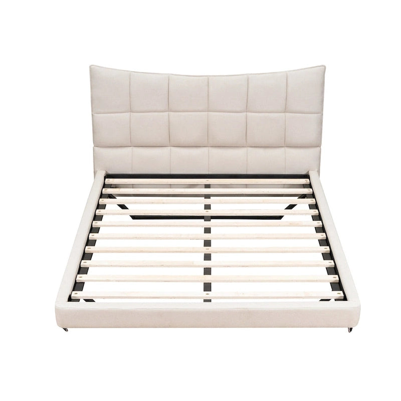 Beige Queen Size Upholstered Platform Bed with LED Lights and U-Shaped Headboard