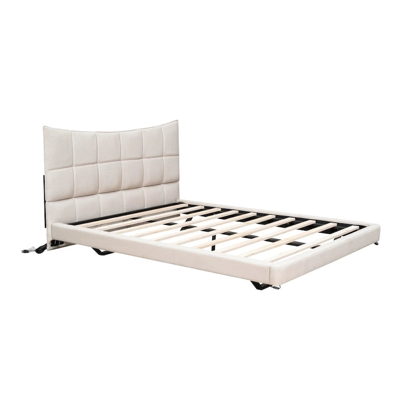 Beige Queen Size Upholstered Platform Bed with LED Lights and U-Shaped Headboard