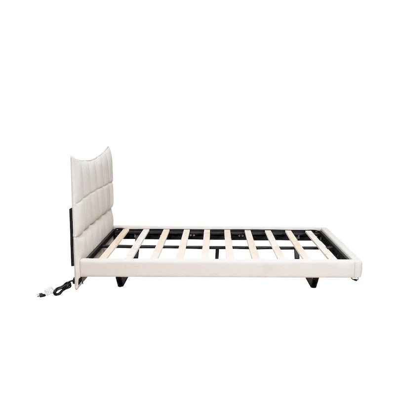 Beige Queen Size Upholstered Platform Bed with LED Lights and U-Shaped Headboard