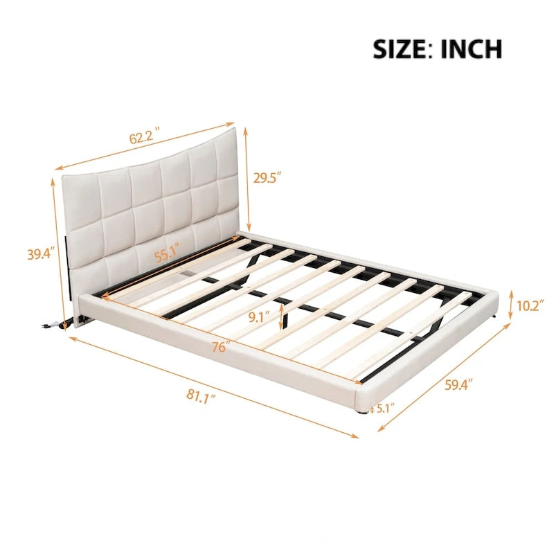 Beige Queen Size Upholstered Platform Bed with LED Lights and U-Shaped Headboard