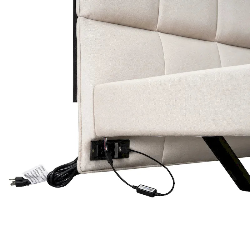 Beige Queen Size Upholstered Platform Bed with LED Lights and U-Shaped Headboard