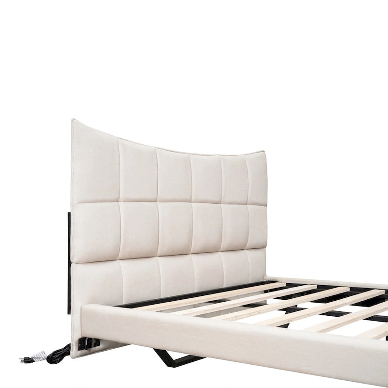 Beige Queen Size Upholstered Platform Bed with LED Lights and U-Shaped Headboard
