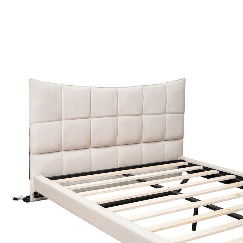 Beige Queen Size Upholstered Platform Bed with LED Lights and U-Shaped Headboard