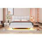 Beige Queen Size Upholstered Platform Bed with LED Lights and U-Shaped Headboard