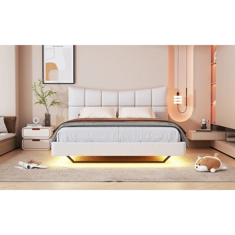 Beige Queen Size Upholstered Platform Bed with LED Lights and U-Shaped Headboard