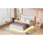 Beige Queen Size Upholstered Platform Bed with LED Lights and U-Shaped Headboard
