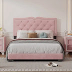 Pink Full Size Modern Velvet Upholstered Platform Bed with Plush Velvet Tufted Headboard for Bedroom