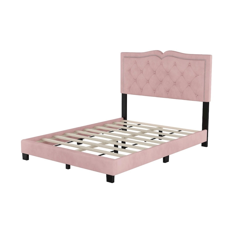 Pink Full Size Modern Velvet Upholstered Platform Bed with Plush Velvet Tufted Headboard for Bedroom