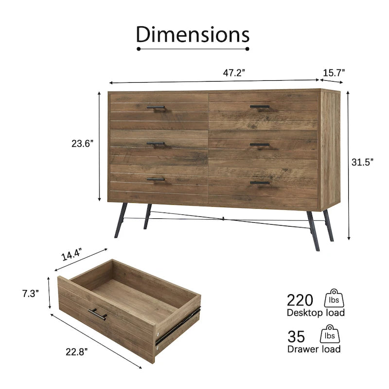 Rustic Style 47.24  Dresser TV Stand with 6 Deep Storage Drawers for Living Room