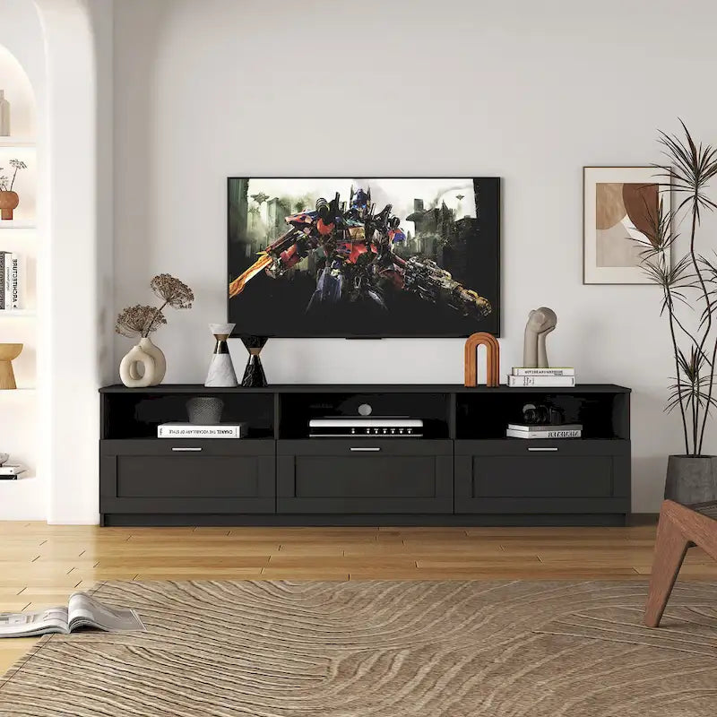 Black 70.87  TV Stand with 3 Open Storage Spaces and 3 Drawers for Living Room