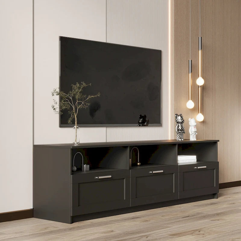 Black 70.87  TV Stand with 3 Open Storage Spaces and 3 Drawers for Living Room