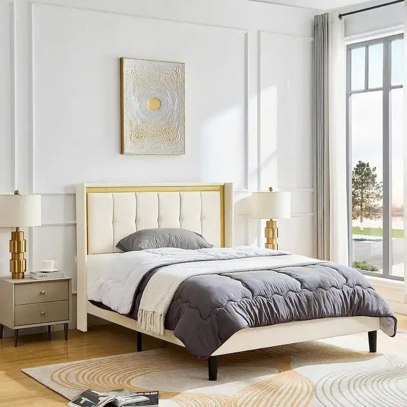 White Queen Size Upholstered Platform Bed Frame with Headboard, Sturdy Wooden Slats, High Load-Bearing Capacity
