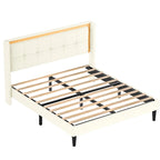 White Queen Size Upholstered Platform Bed Frame with Headboard, Sturdy Wooden Slats, High Load-Bearing Capacity