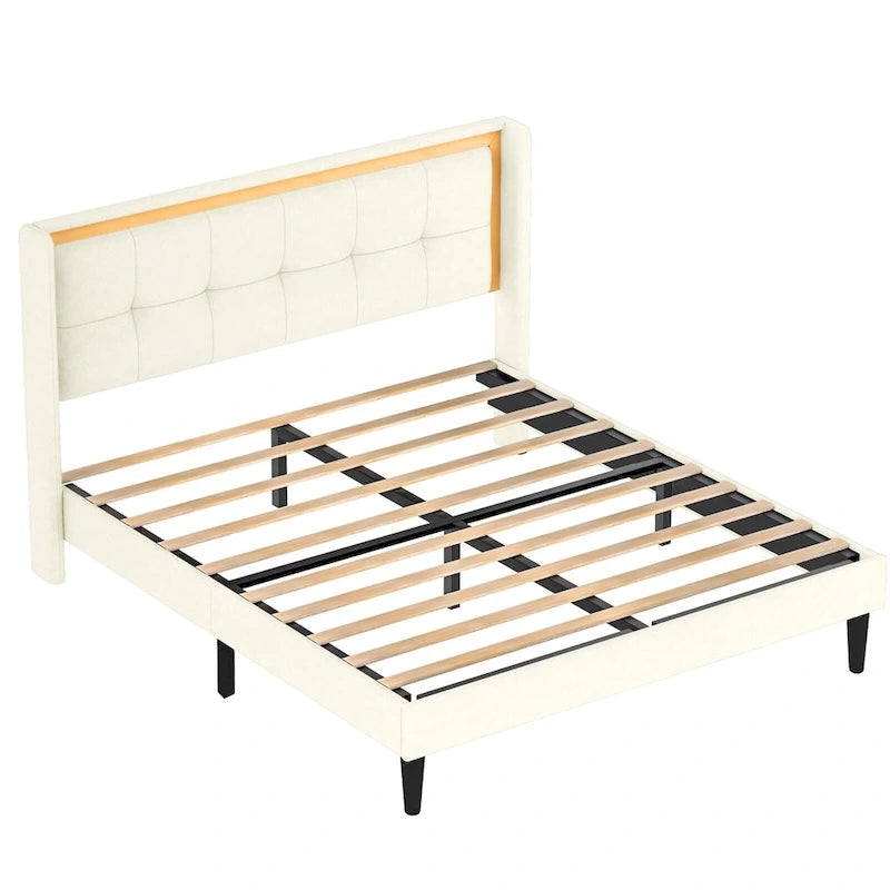 White Queen Size Upholstered Platform Bed Frame with Headboard, Sturdy Wooden Slats, High Load-Bearing Capacity