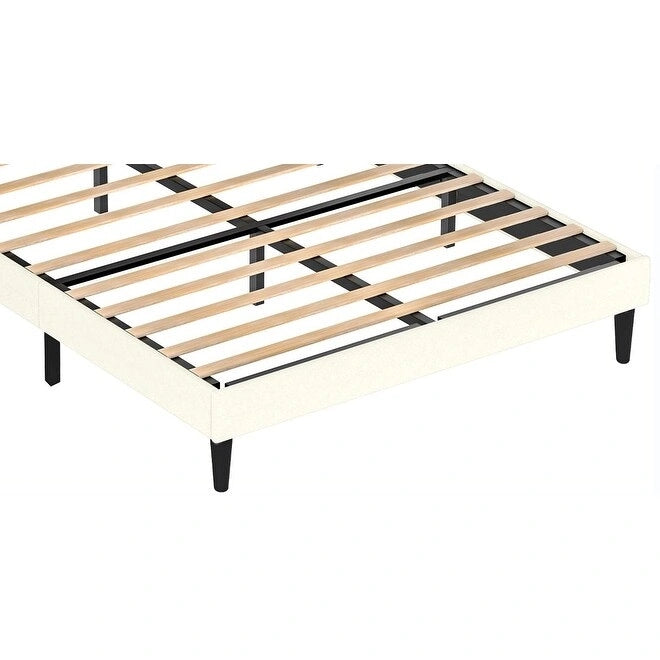 White Queen Size Upholstered Platform Bed Frame with Headboard, Sturdy Wooden Slats, High Load-Bearing Capacity