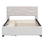Beige Full Size Linen Platform Bed with Brick Pattern Headboard, Trundle, and Storage Drawers