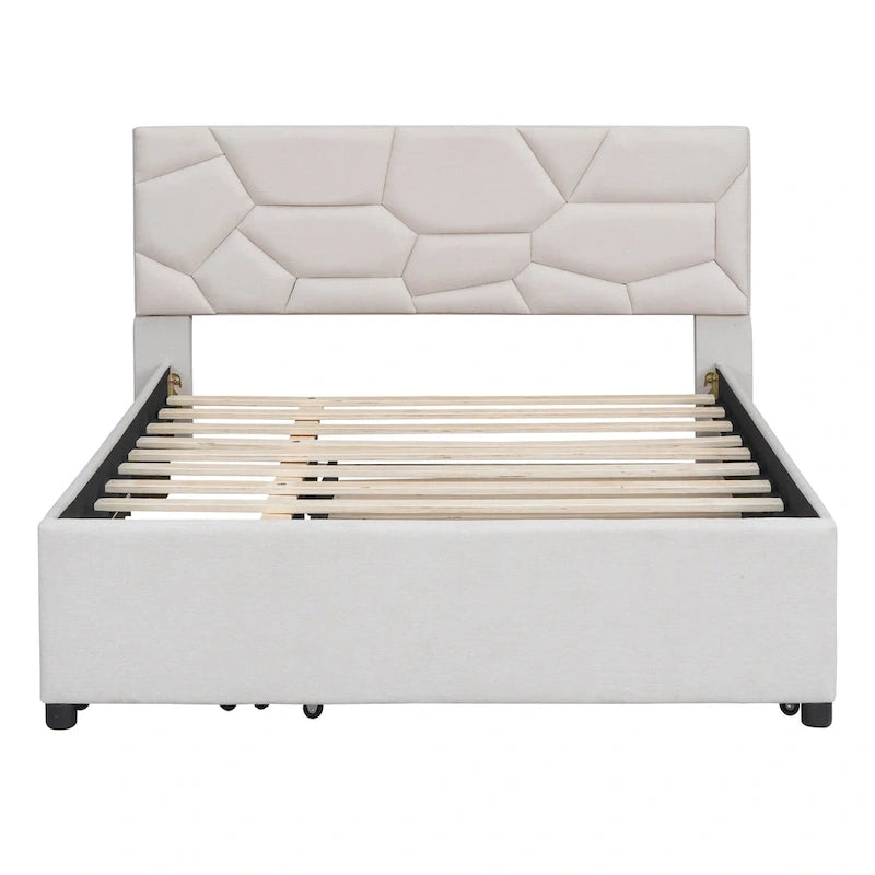 Beige Full Size Linen Platform Bed with Brick Pattern Headboard, Trundle, and Storage Drawers