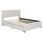 Beige Full Size Linen Platform Bed with Brick Pattern Headboard, Trundle, and Storage Drawers