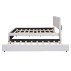Beige Full Size Linen Platform Bed with Brick Pattern Headboard, Trundle, and Storage Drawers