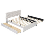 Beige Full Size Linen Platform Bed with Brick Pattern Headboard, Trundle, and Storage Drawers
