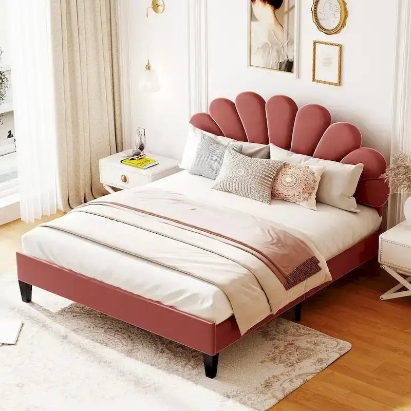 Red Velvet Queen Size Upholstered Platform Bed with Flower Pattern Headboard, No Box Spring Required