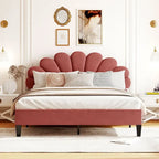 Red Velvet Queen Size Upholstered Platform Bed with Flower Pattern Headboard, No Box Spring Required