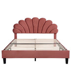 Red Velvet Queen Size Upholstered Platform Bed with Flower Pattern Headboard, No Box Spring Required